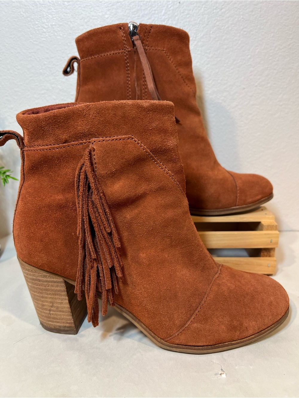 Toms Suede Fringe Ankle Boots in Rust Brown